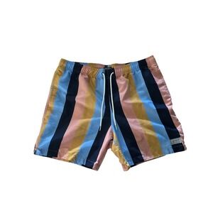Eddie Bauer Swim‎ Trunks Shorts Mens Large Navy Blue Yellow Peach Striped Retro